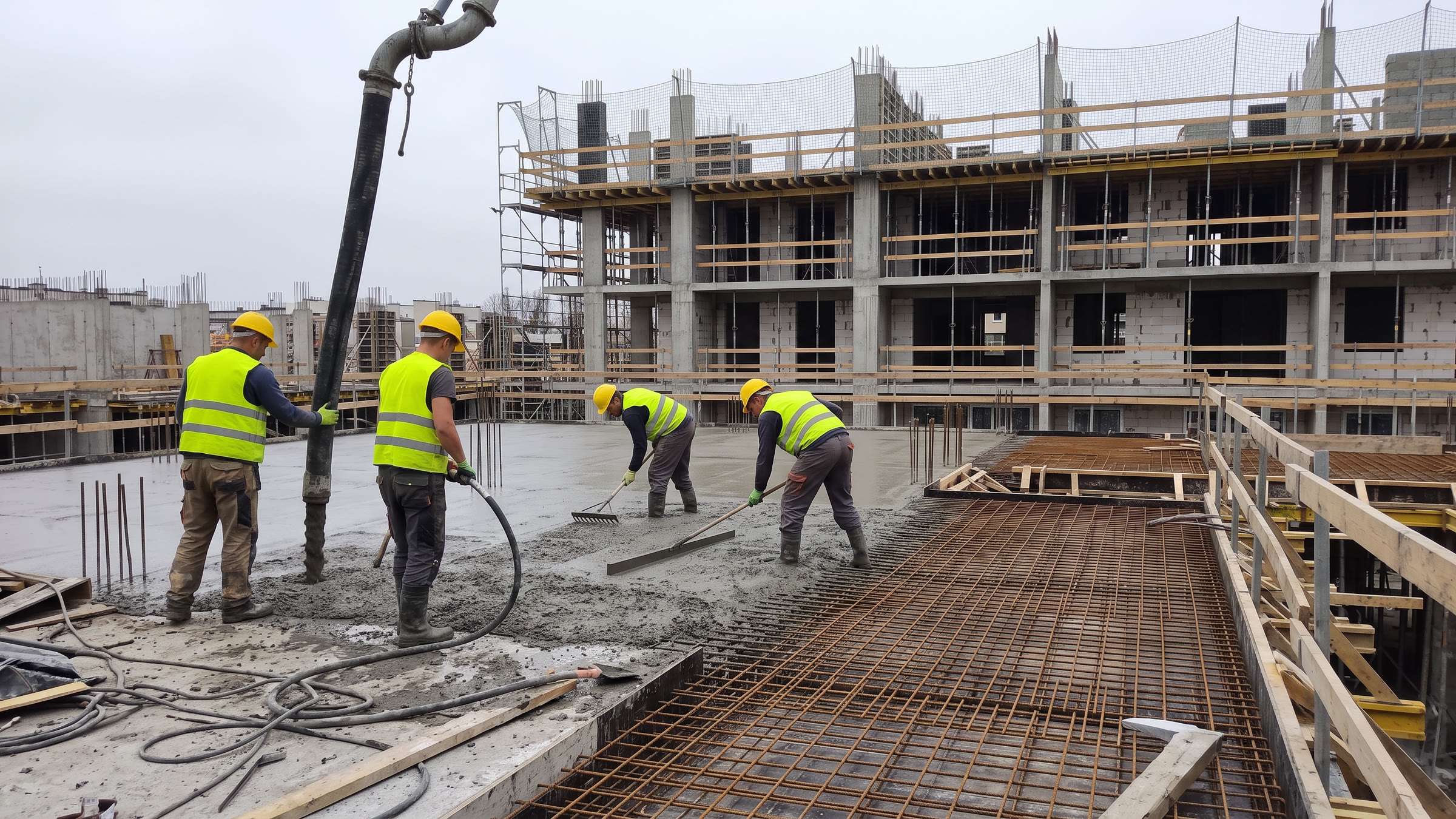 Betonowanie stropu z pompy — betoniarze rozkładają i zagęszczają beton
